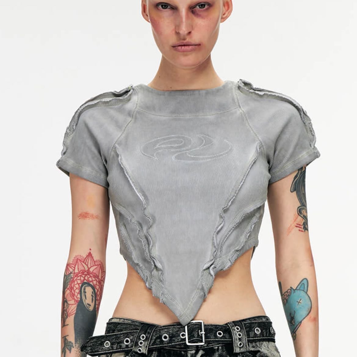 PERSONSOUL GREY V-HEM SLIM CROP TOP - $49 USD