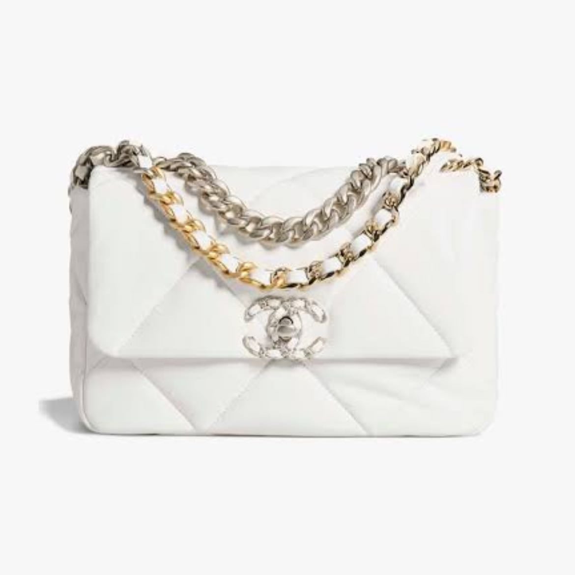Chanel 19 Handbag - Shiny Lambskin, Gold-Tone, Silver-Tone & Ruthenium-Finish Metal White
