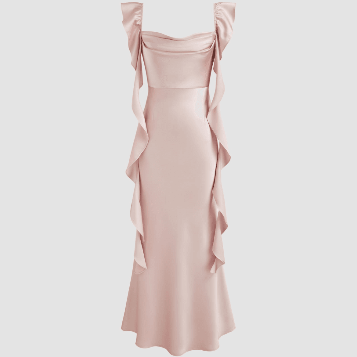 Satin Cowl Neck Solid Ruffle Hem Maxi Dress - Cider