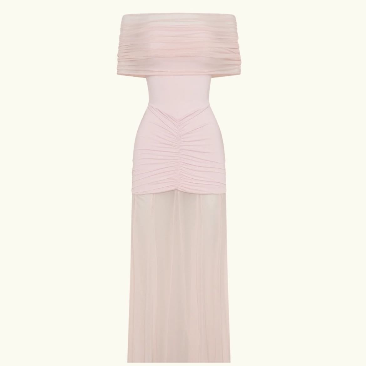Caspian - Meshki (Slinky And Mesh Off Shoulder Maxi Dress - Pale Pink)