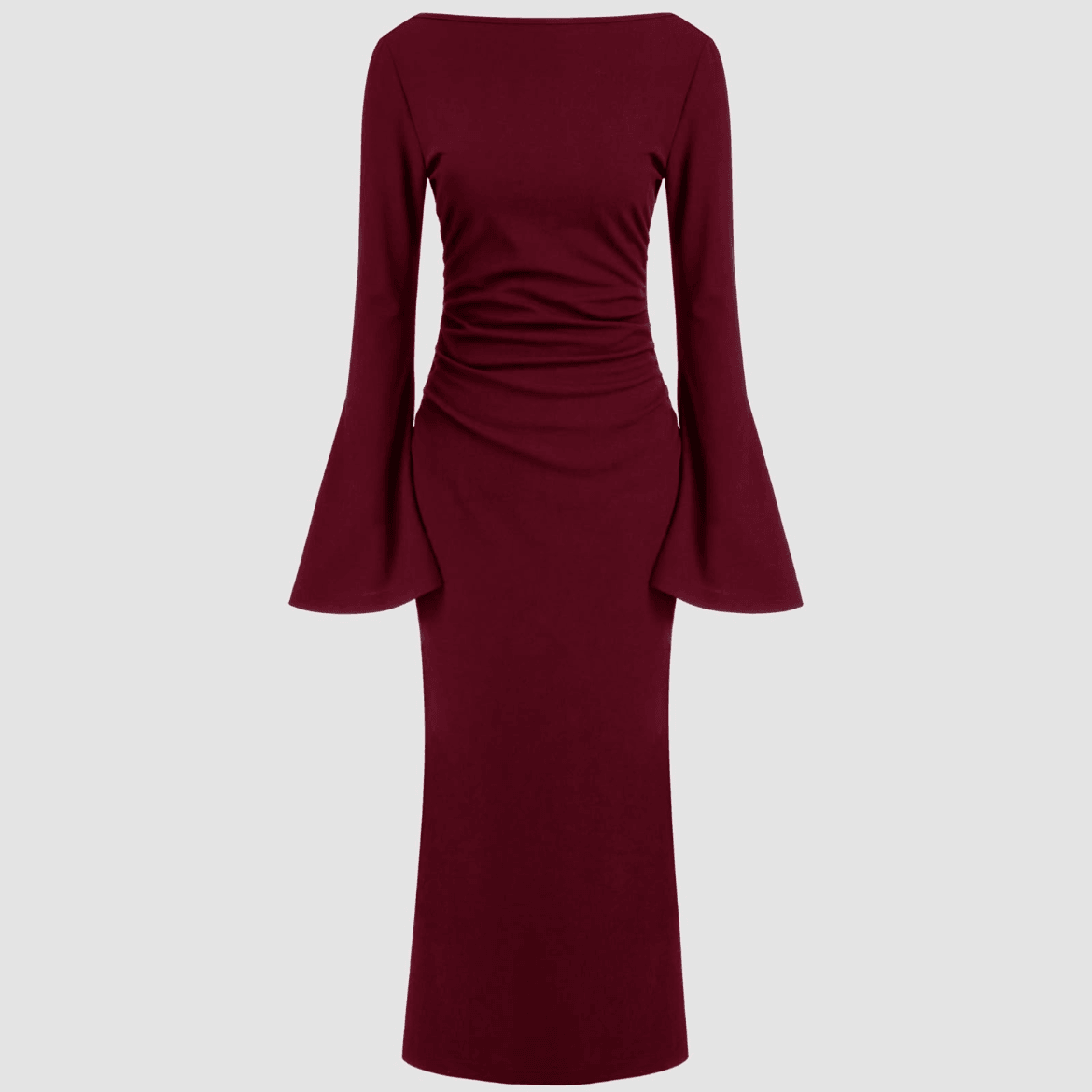 Boat Neck Ruched Bell Sleeve Maxi Dress - Cider