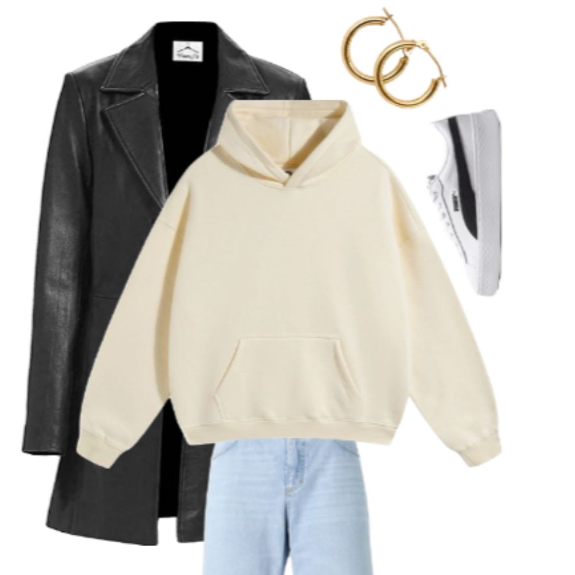 outfit 2 - Sudadera beige, saco de piel negra, jeans claros y tenis blancos