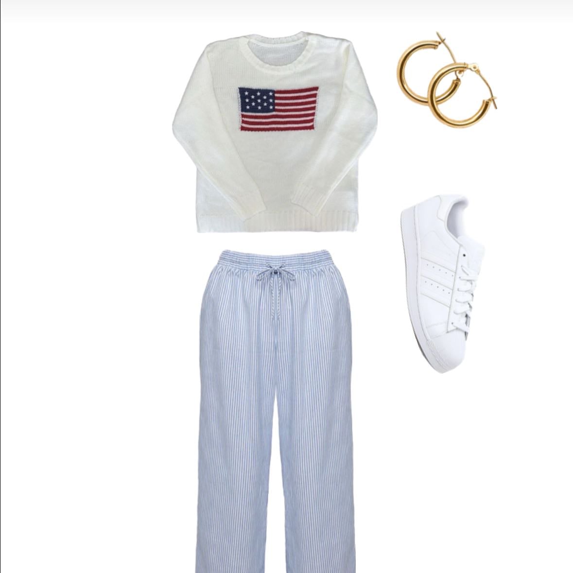 outfit 1 - Pantalones de rayas azules, suéter crema, tenis blancos y aretes dorados