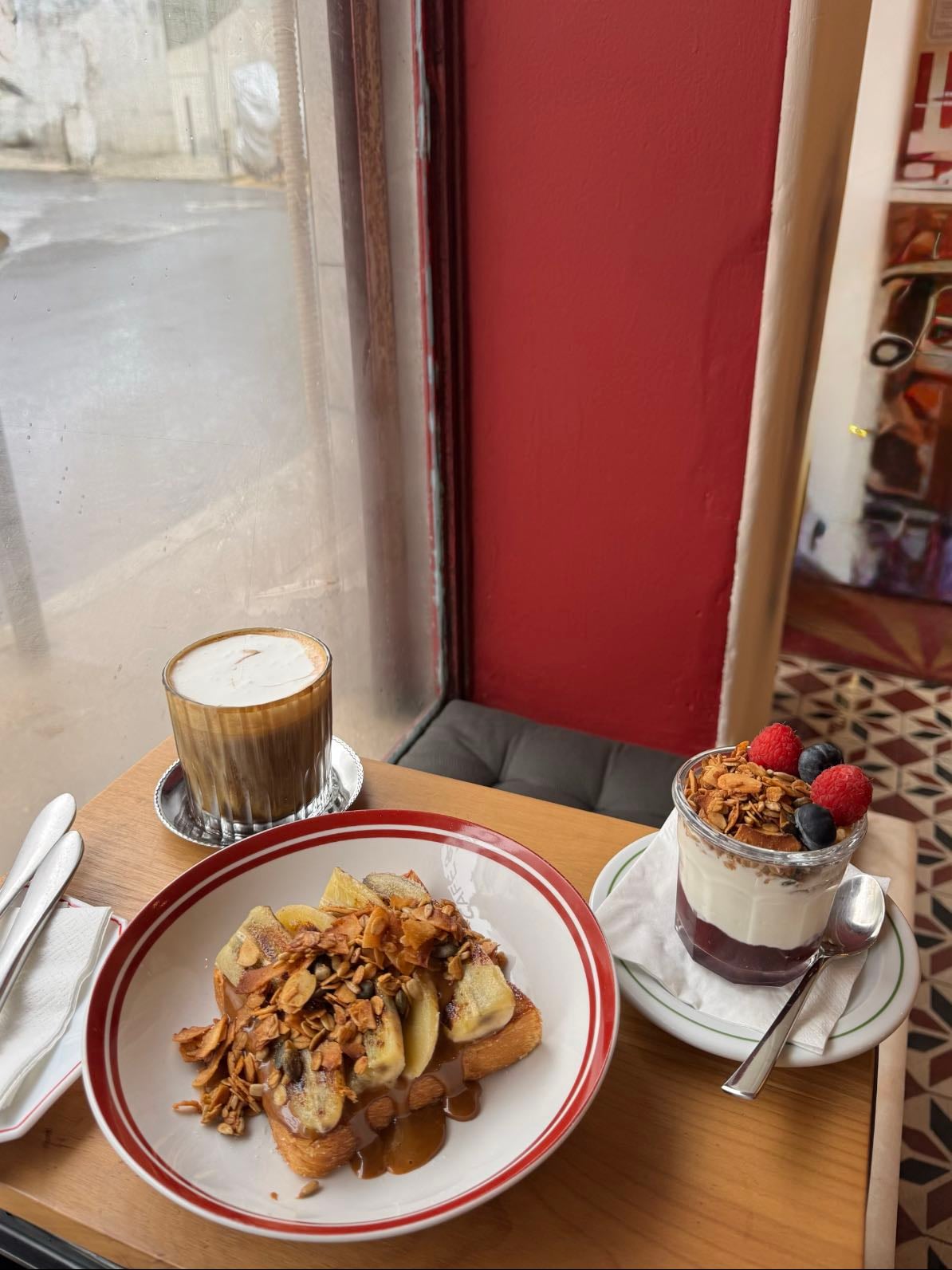 Double Trouble Café @ Estrela - Ordered the banana toast with dolce de leche + yogurt bowl with granola + Mont Blanc coffee