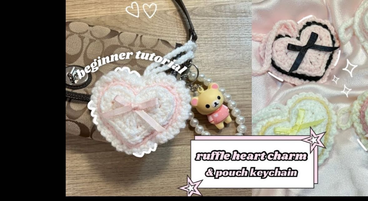 🎀☁️ how to crochet ruffle heart bag charm keychain and pouch | beginner tutorial