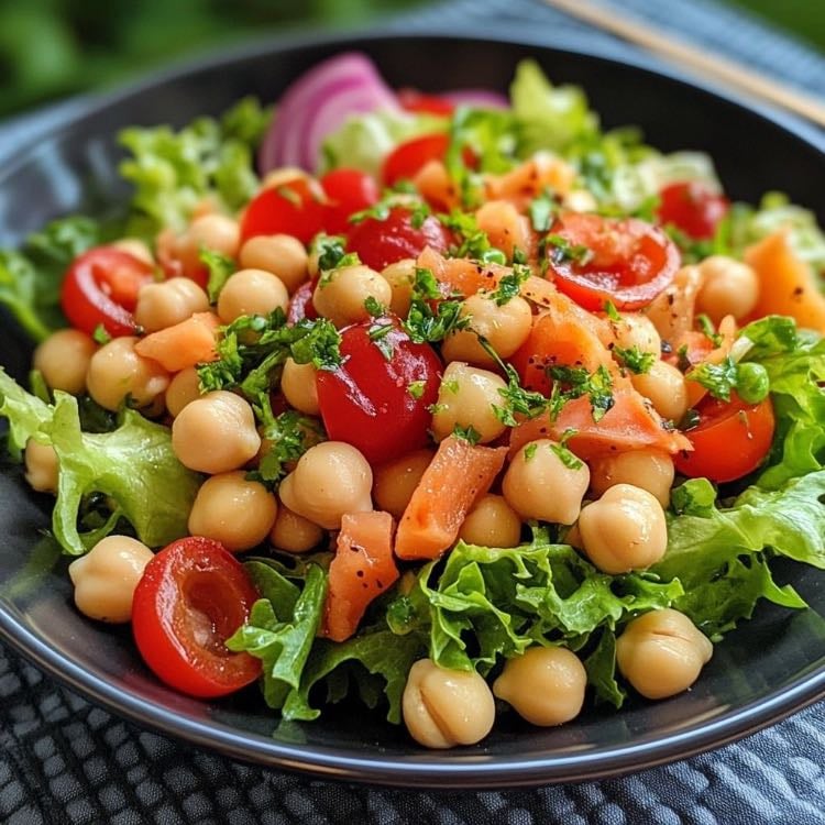 Ensalada de garbanzos con pepino, tomate y limón