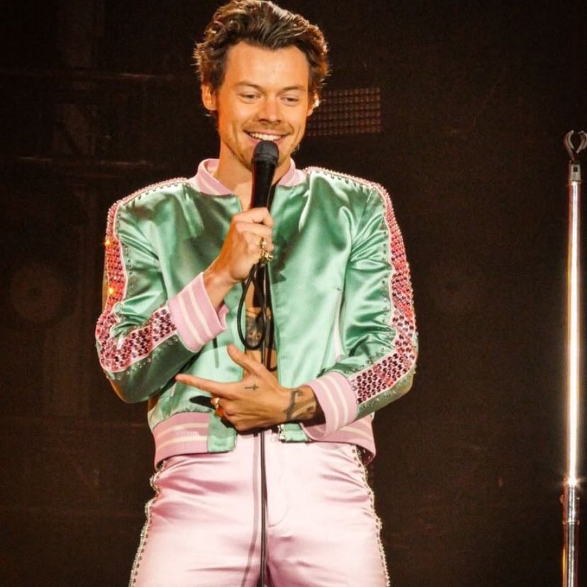 coventry 05/23/2023 - green satin jacket with pink collar, pink cuffs, and pink rhinestone stripe down the sleeves, pink satin pants with green rhinestones down the sides, green satellite stompers