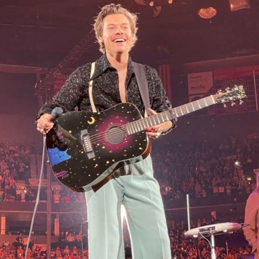 portland 11/08/2021 - black glittery button up collared shirt, light blue pants, white suspenders, white boots