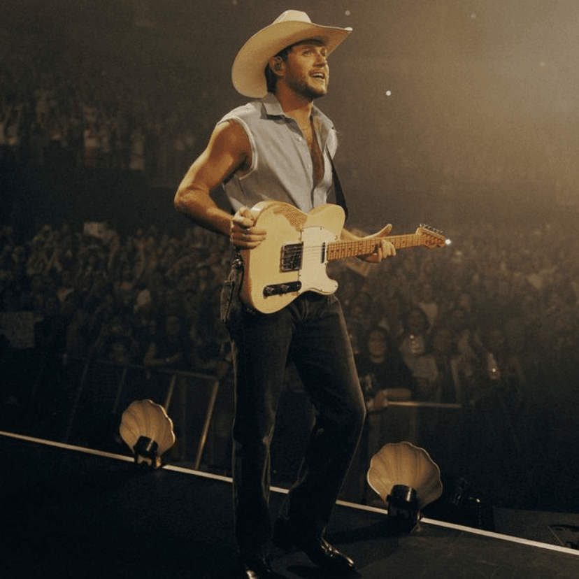 #2 — austin - black jeans, b&w patterned handkerchief, light blue button up collared tank top, necklace, COWBOY HATTY, dress shoes