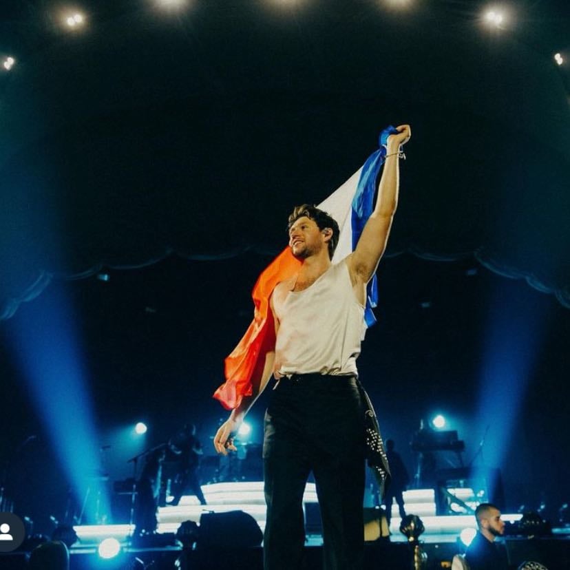 #37 — paris - black pants, b&w patterned handkerchief, loose white tank top, paris flag, dress shoes