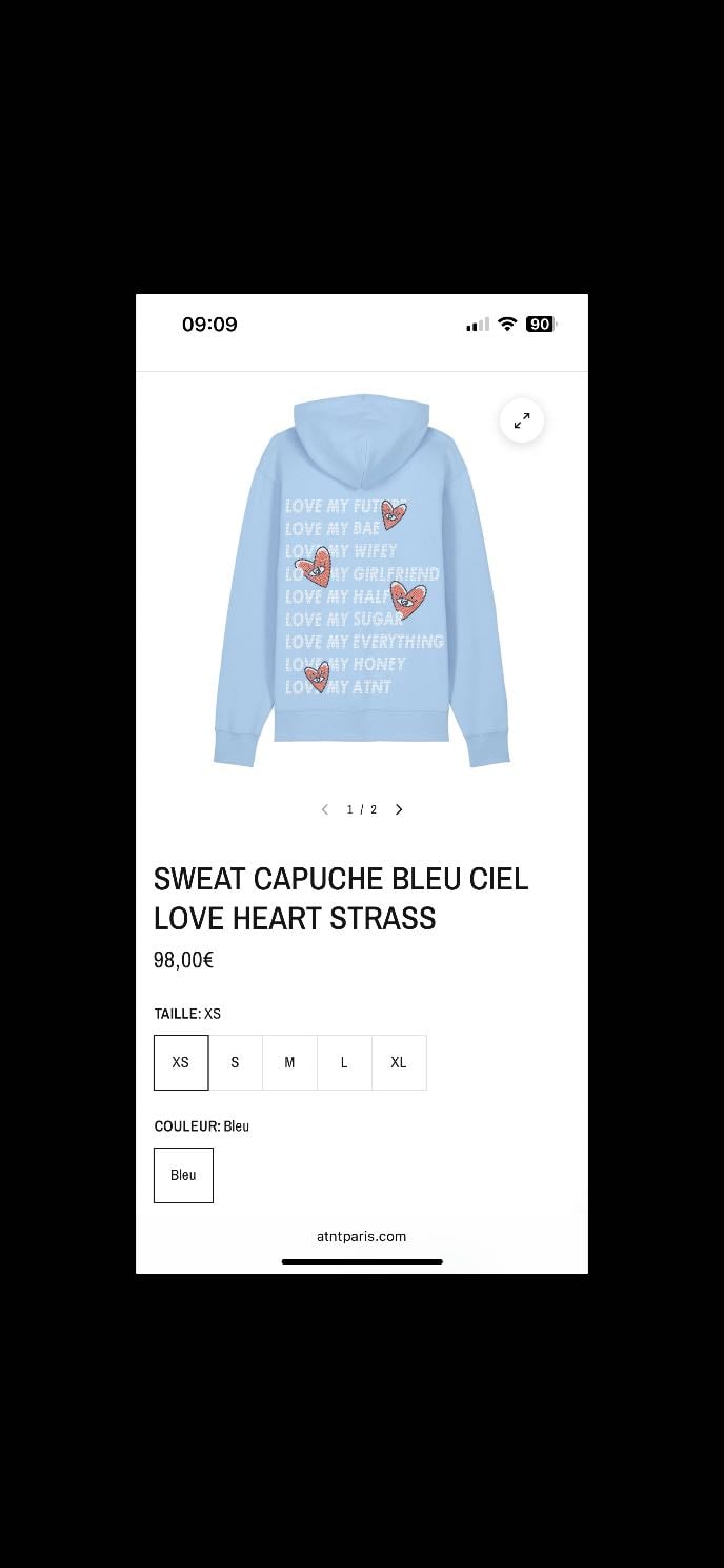 Sweat capuche bleu ciel Love Heart Strass