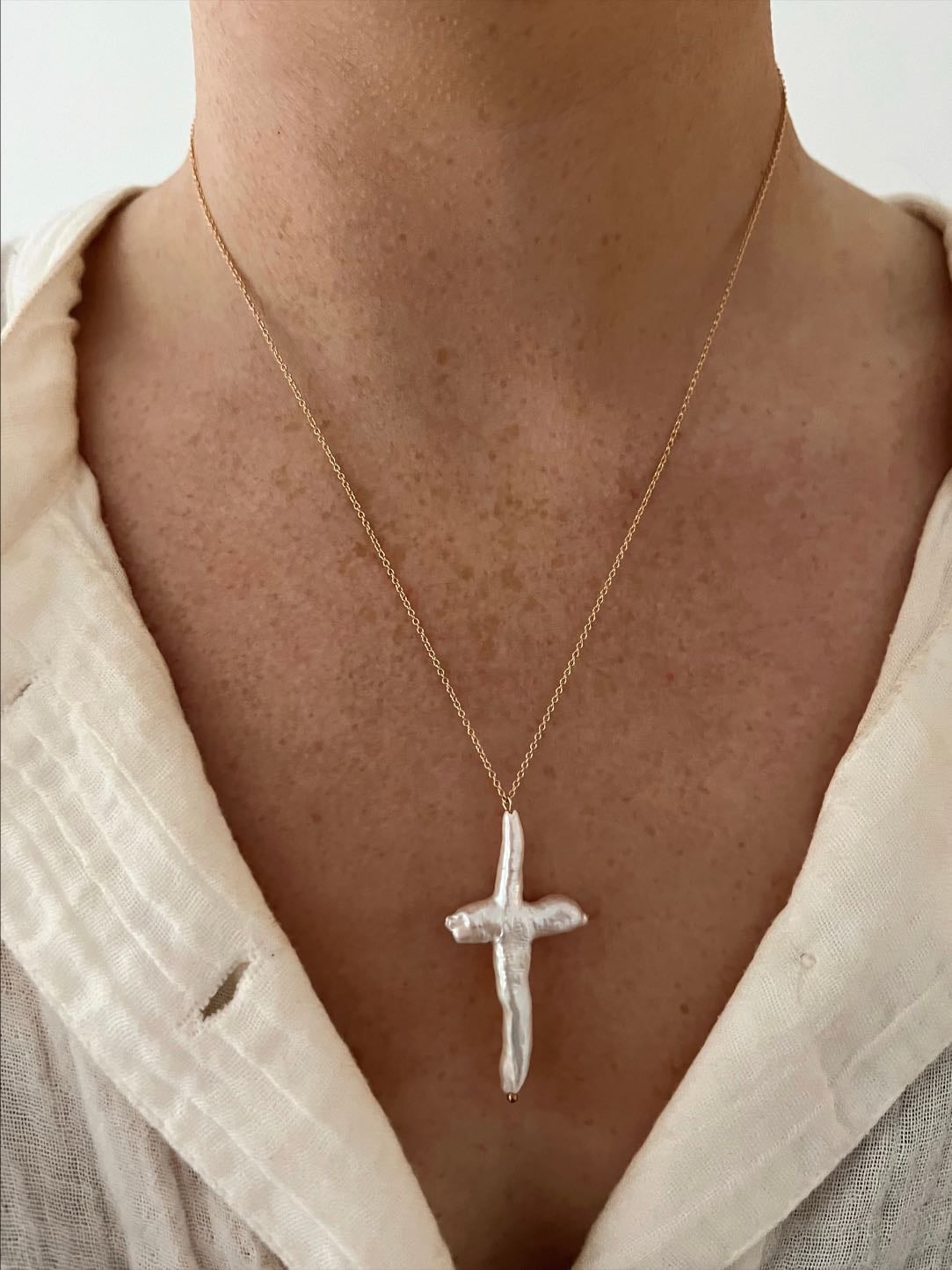 pearl gold cross necklace
