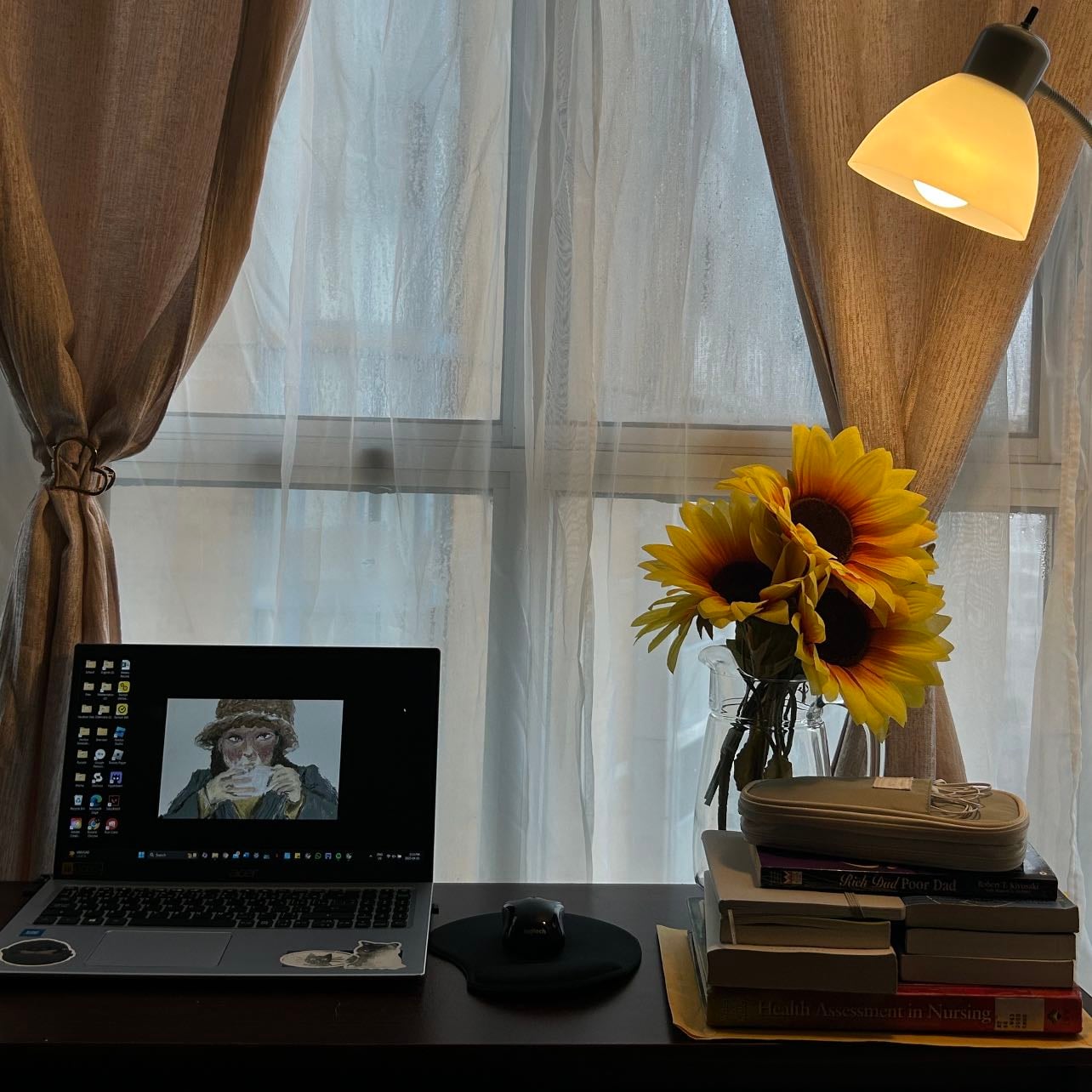 Study table - A minimal study table setup designed for focus—just the essentials, calm lighting, and a touch of nature.