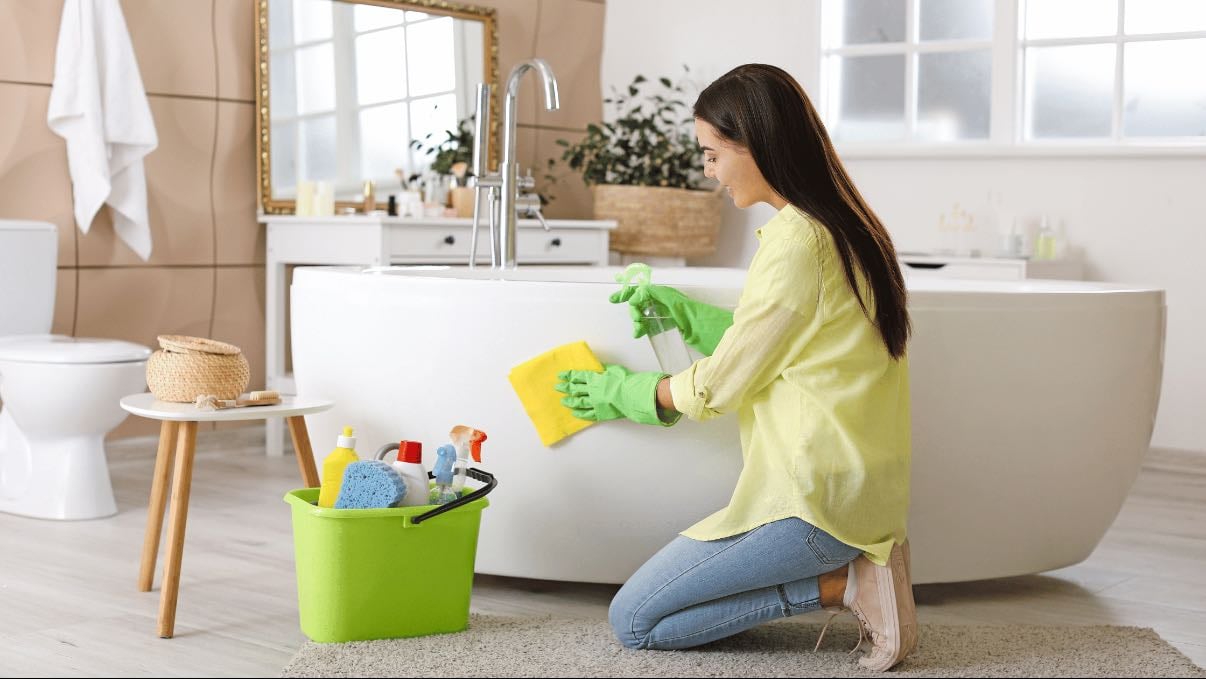 Clean bathroom - If the bathroom floor or shower floor is dirty, sanitize surfaces and sweep/mop before showering