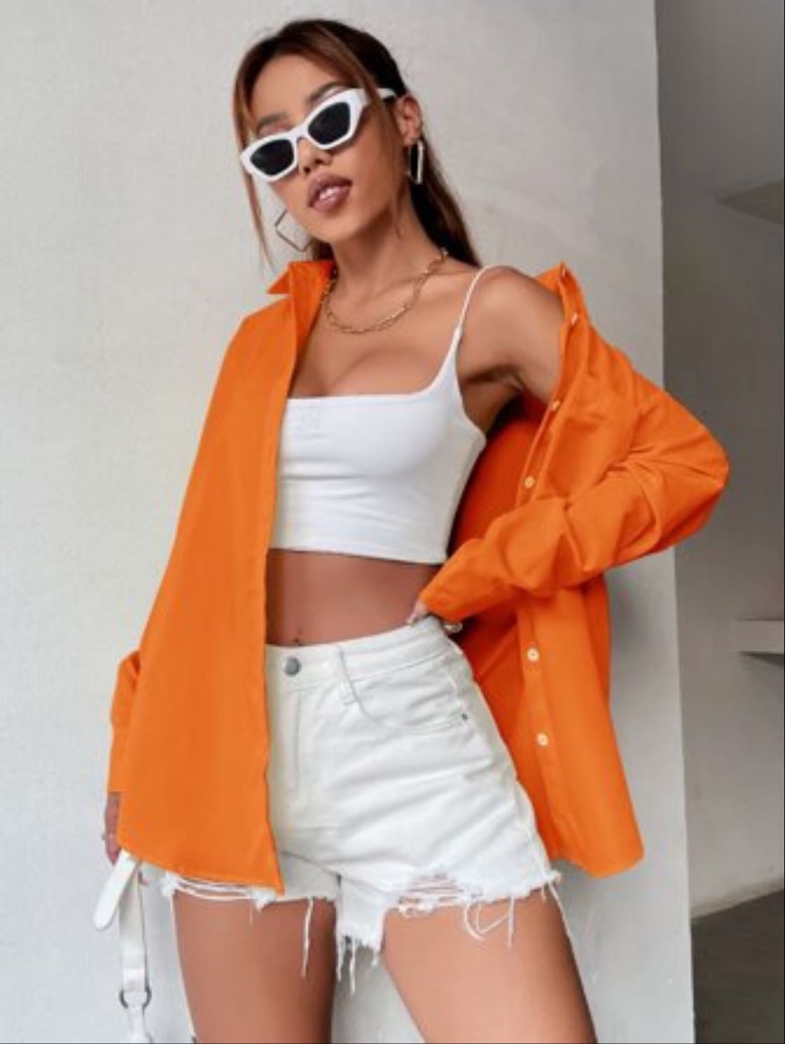 SHEIN MOOSTA Camisa Oversize Naranja Neón Con Bolsillo Delantero Y Hombros Caídos