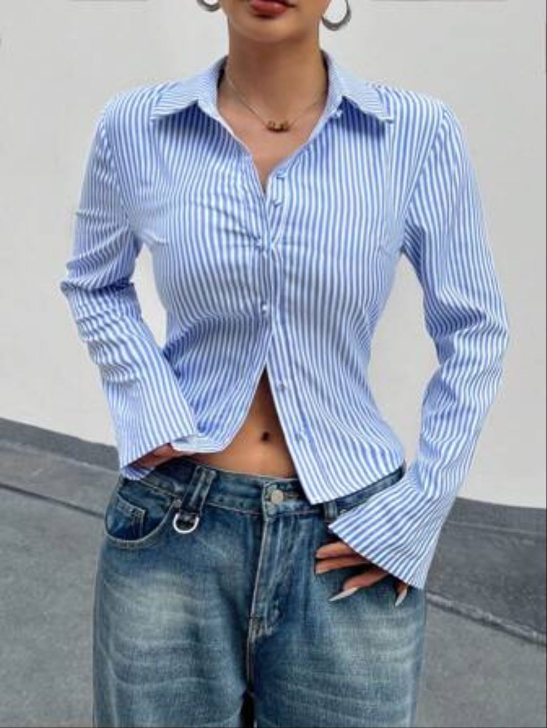 Ritzy Row Blusa Elegante De Manga Larga Con Rayas Azules Y Blancas De Estilo Francés, Corte Ajustado, Para Uso En La Oficina, Prenda De Vestir De Otoño Para Mujeres