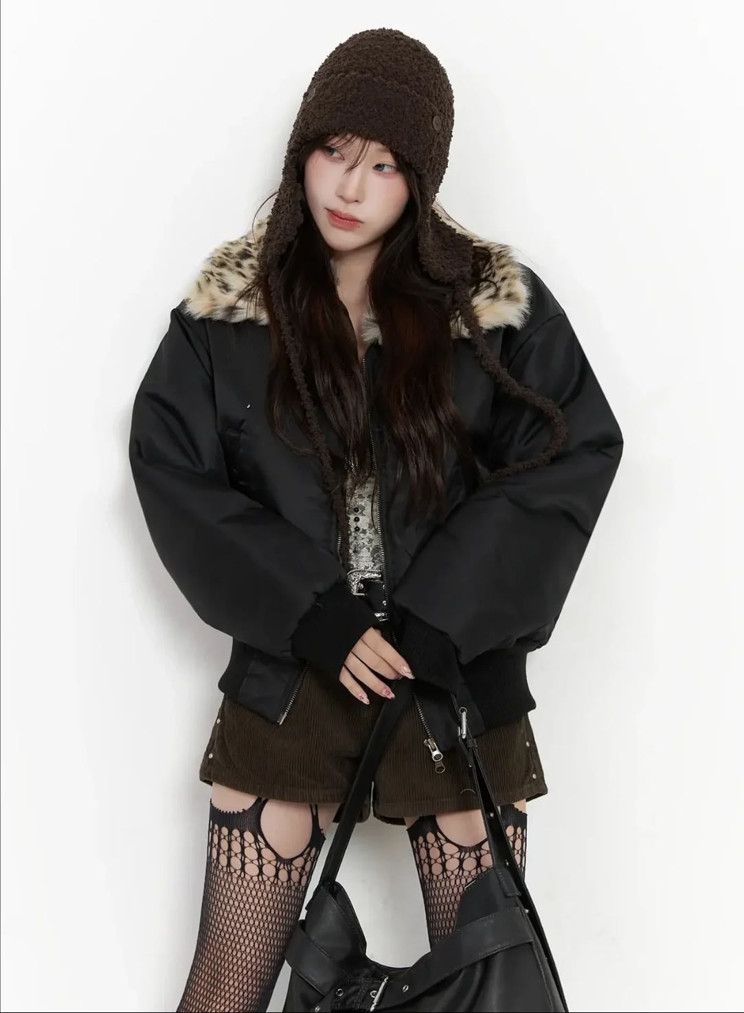 Leopard Print Fur Collar Bomber Jacket IN525
