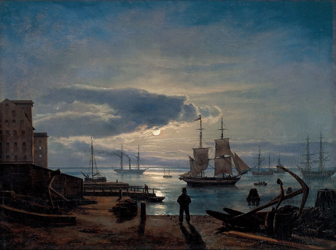 Copenhagen Harbor by Moonlight - By Johan Christian Dahl