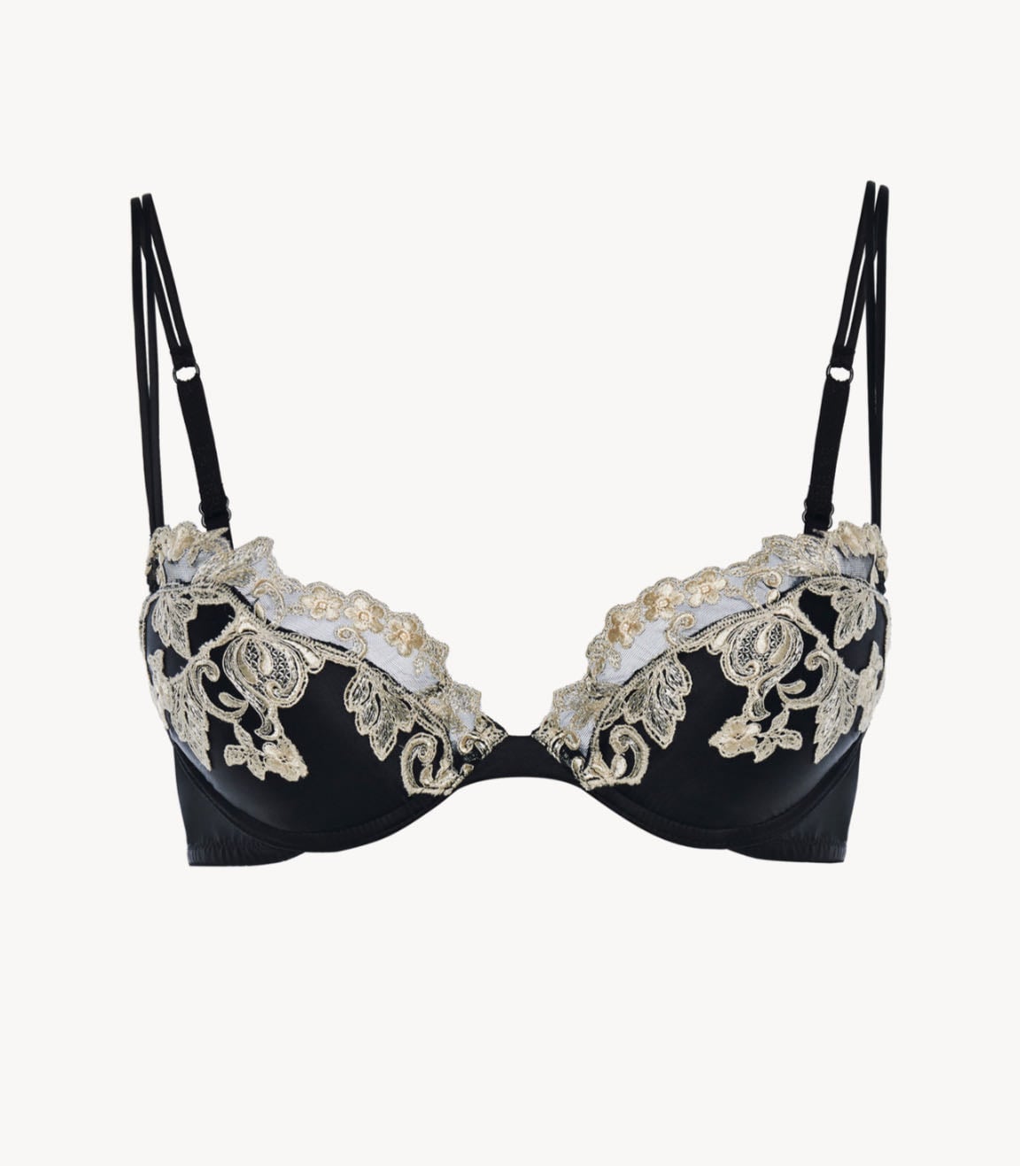 LA PERLA - Sujetador push-up de seda negro con frastaglio color marfil