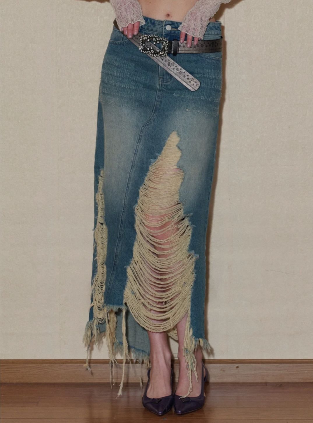 PROD - Ripped Denim Midi Skirt