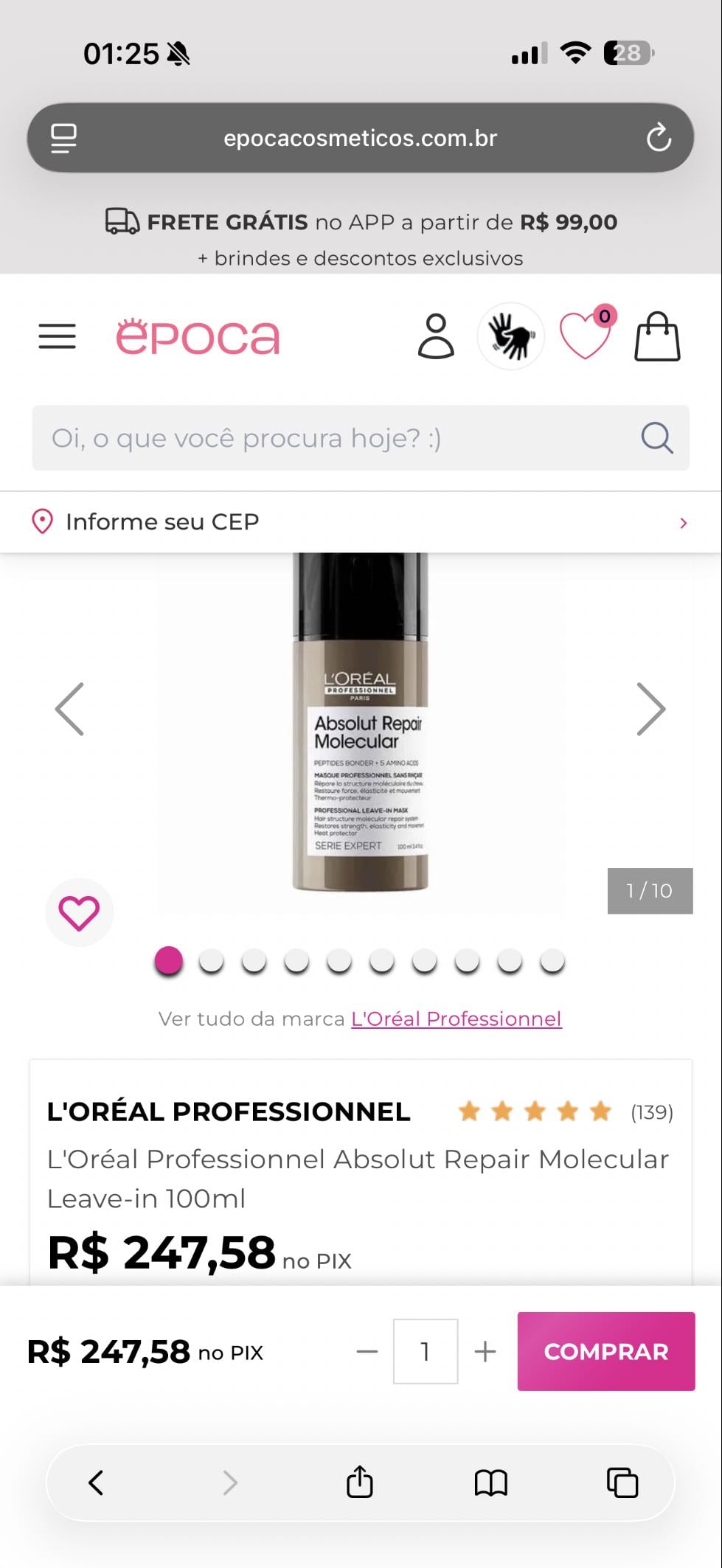 Leave-in L'Oréal Professionnel Absolut Repair Molecular 100ml - $257,58 - https://www.epocacosmeticos.com.br/loreal-professionnel-absolut-repair-molecular-leave-in/p