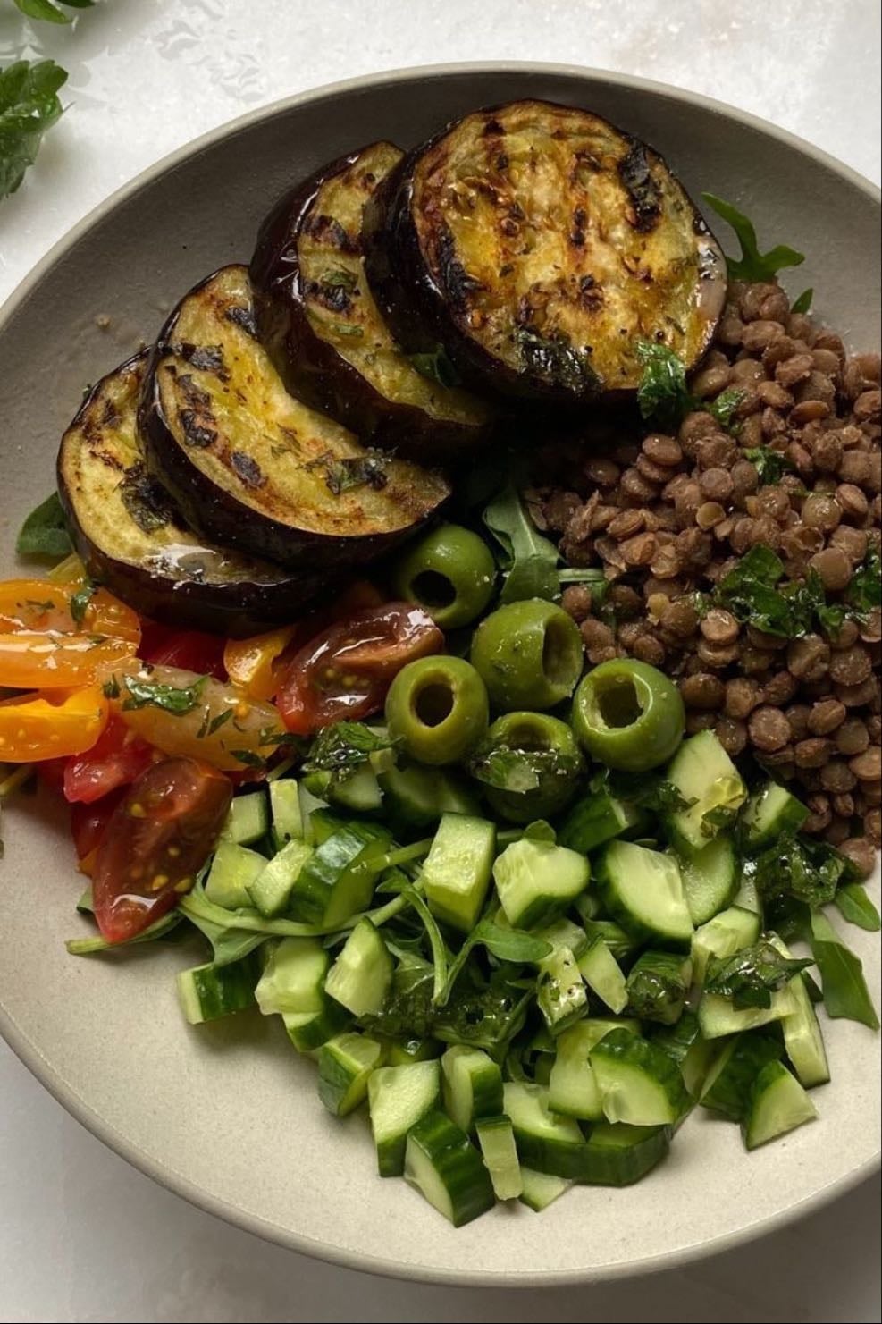 Lentil, baked zucchini, greens
