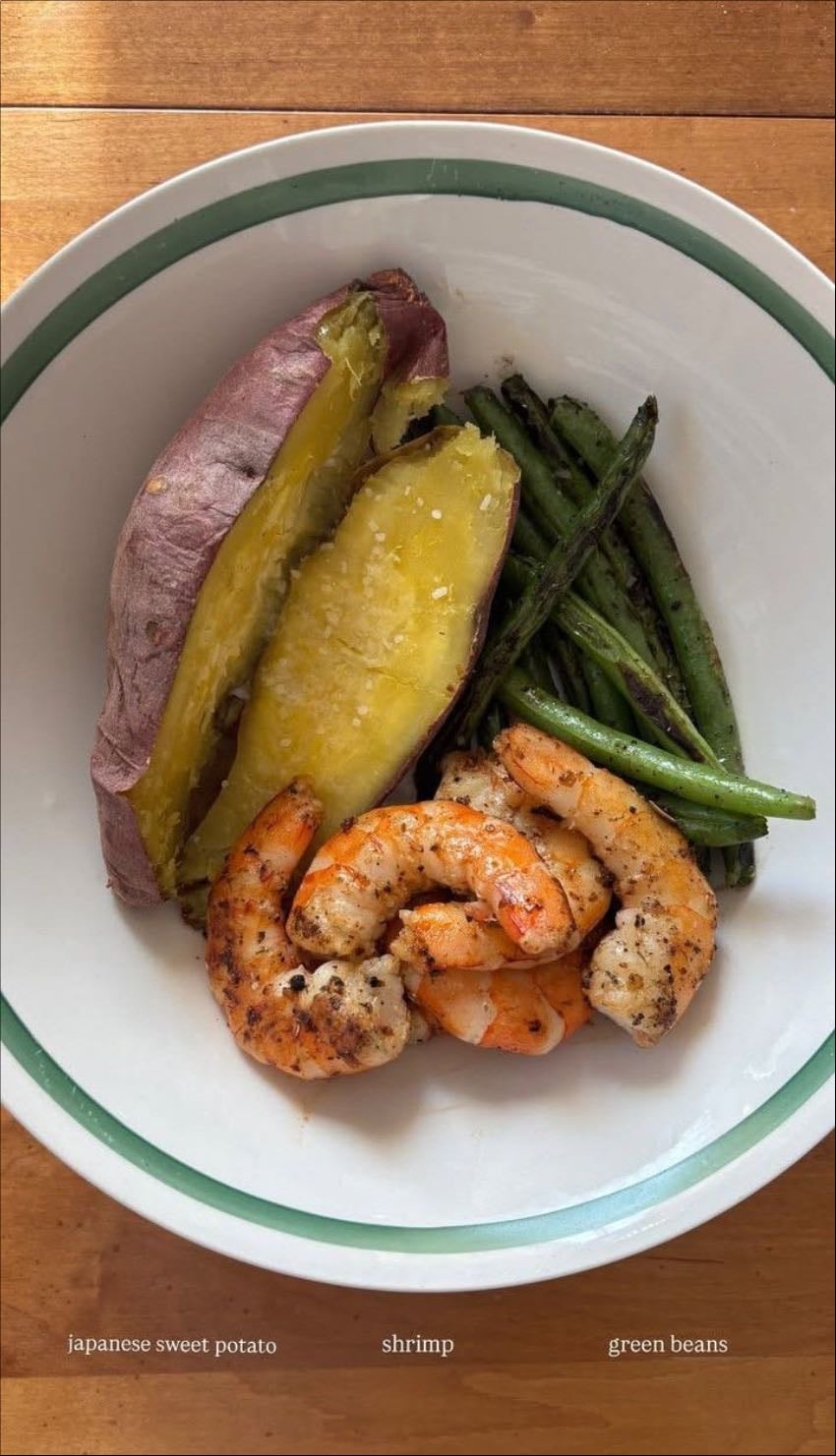Baked sweet potato, shrimp, greens