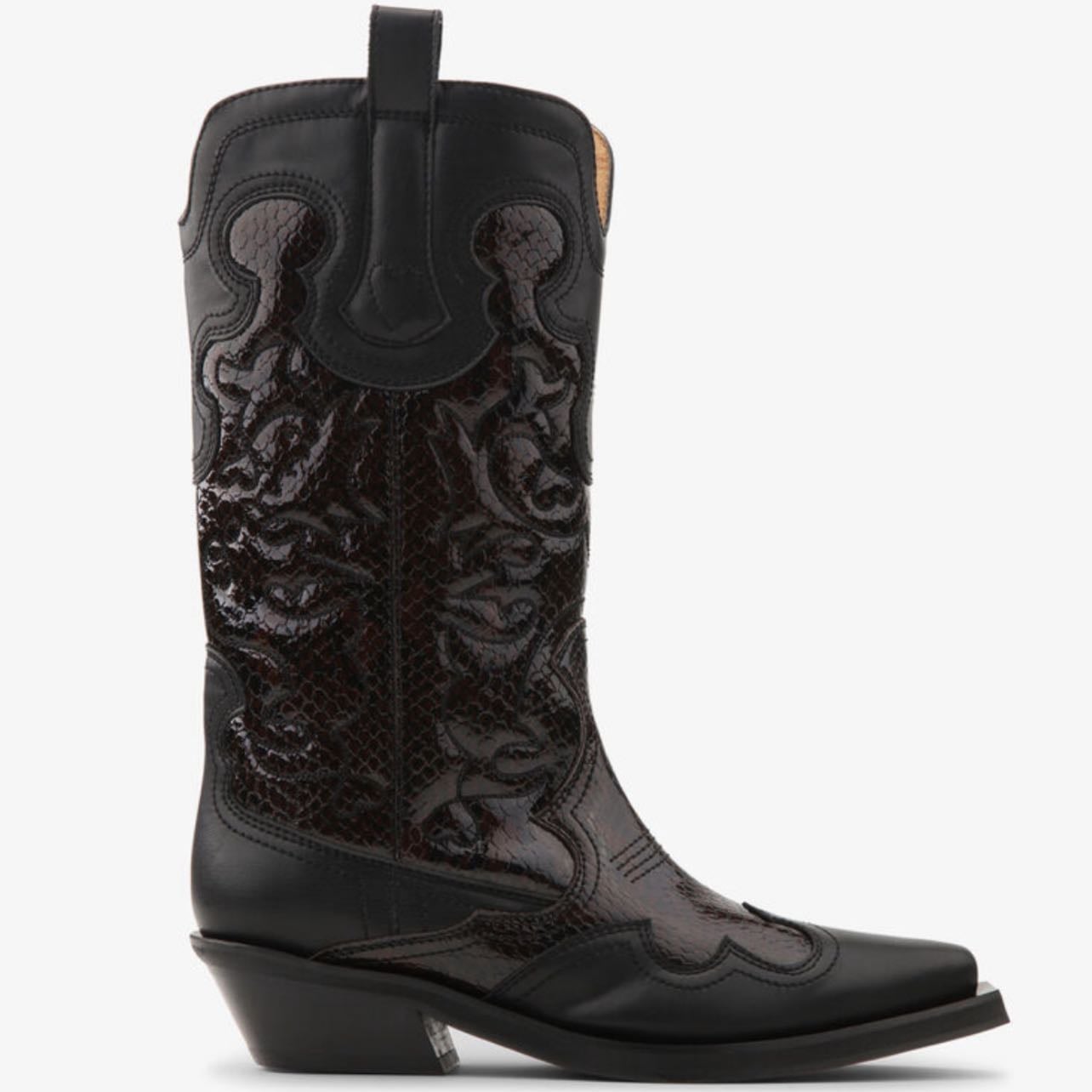 Dark Burgundy Mid Shaft Embroidered Western Boots - Ganni