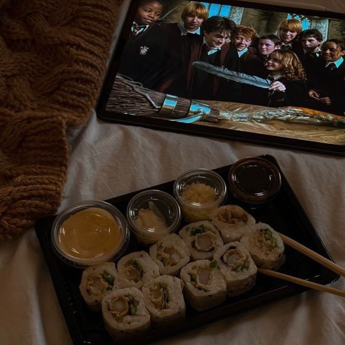 Watch your comfort film while you way your fav food - The Harry Potter saga will always be my comfort saga. This with sushi makes the perfect night for sure.