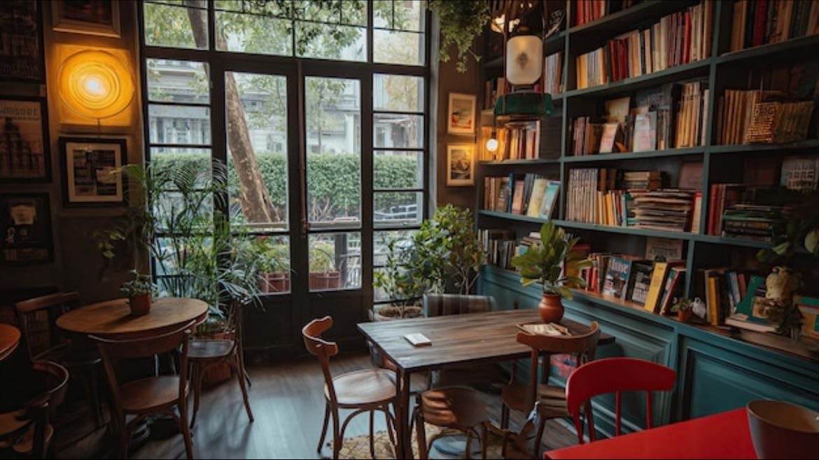 Reading in a cosy café