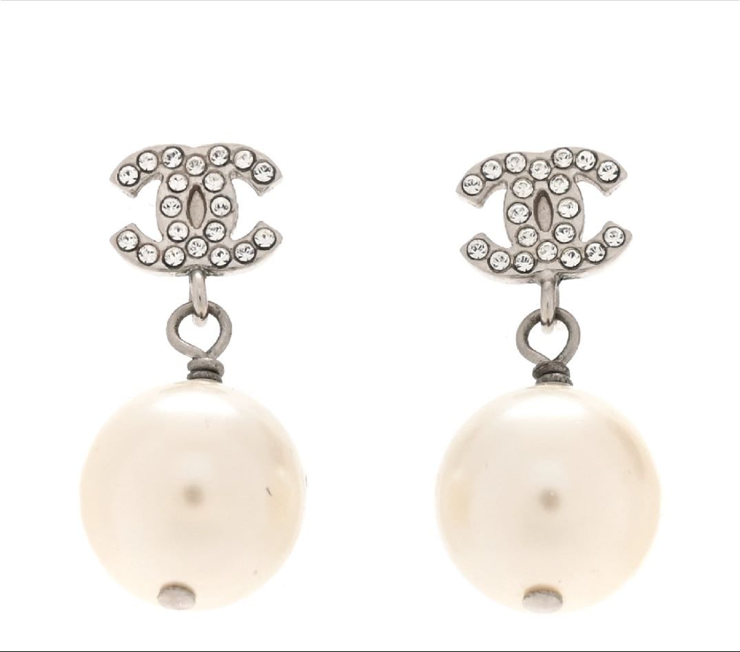 Crystal Pearl CC Drop Earrings - Silver