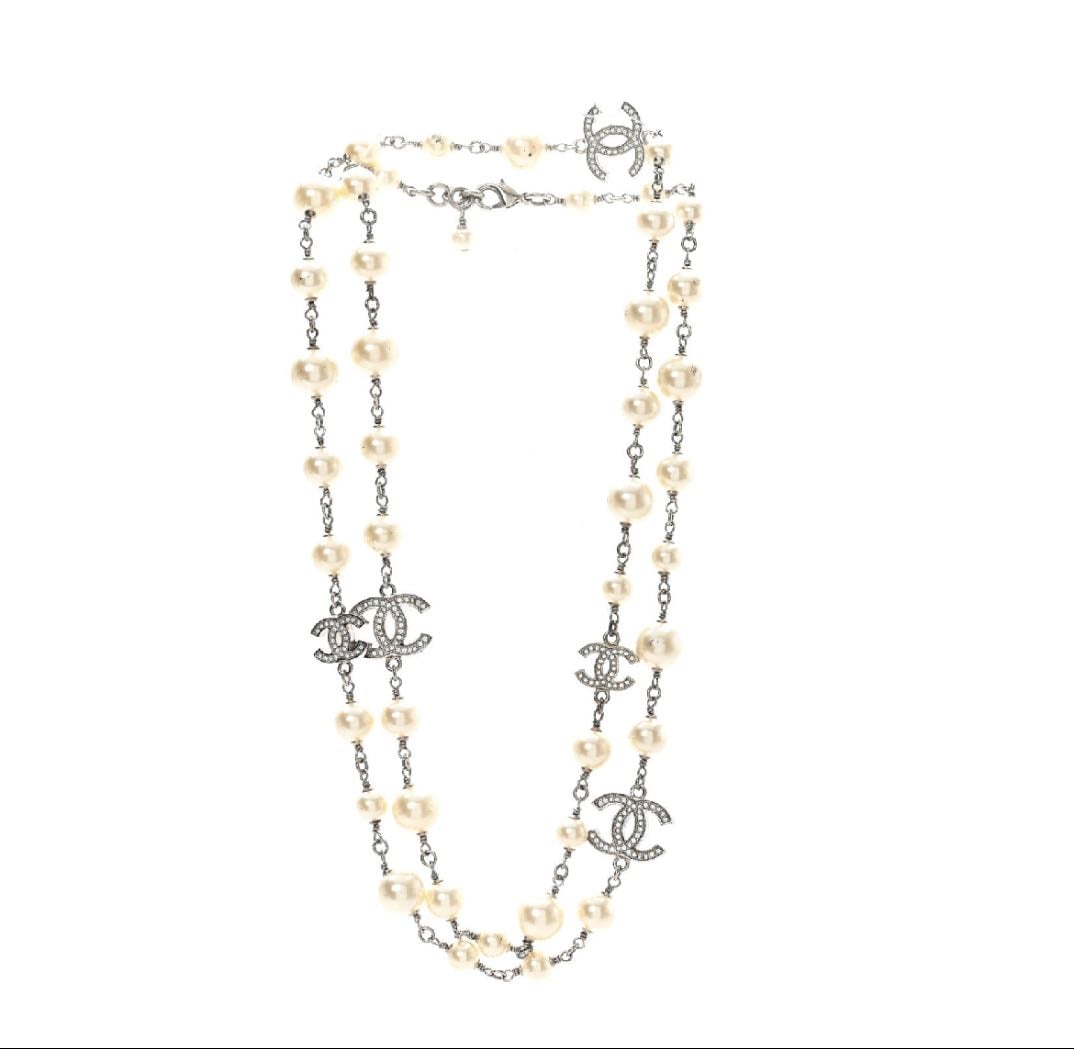 Graduated Pearl Crystal CC Long Necklace - Silver