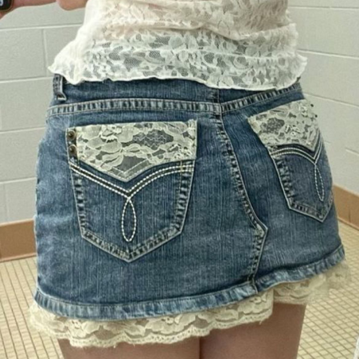 lace sewed in jean skirt