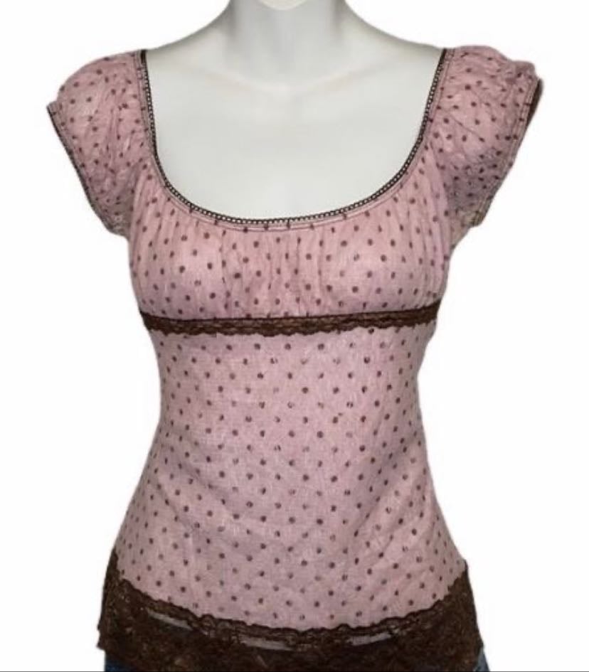 pink polka dot shirt w lace - pink fabric with black or brown dots, black/brown lace, buttons