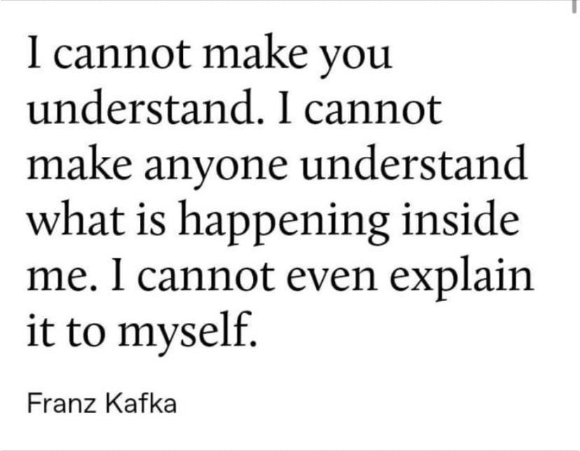 franz kafka - i cannot make you understand. i cannot make anyone understand what is happening inside of me. i cannot even explain it to myself