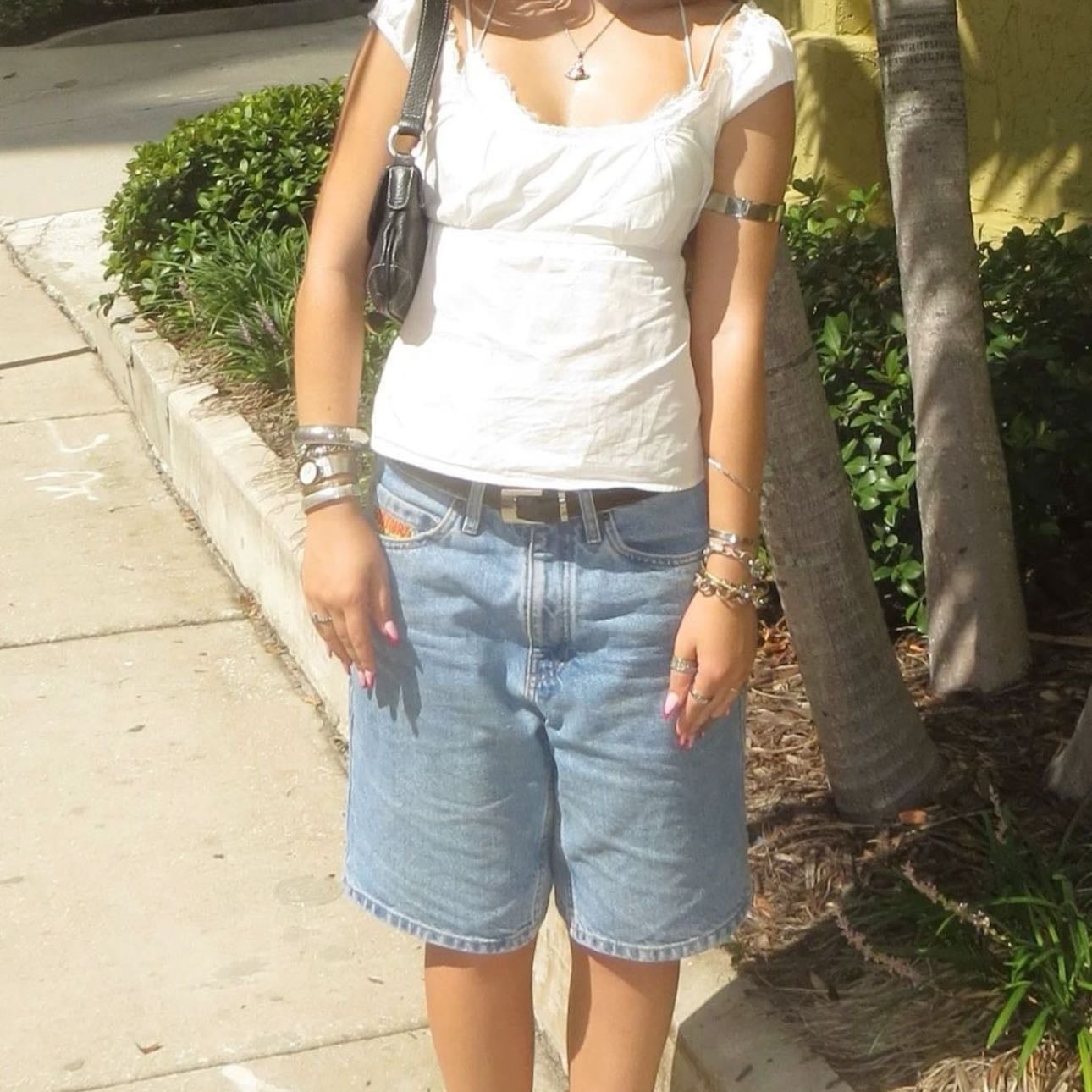 white top blue jorts
