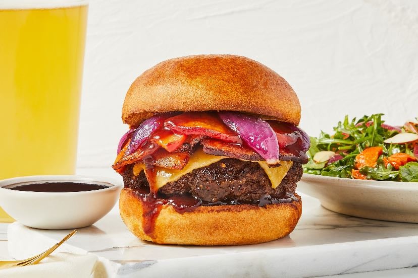 Whole Wheat Beef Burger With Egg, Fried Onion, And Cocktail Sauce