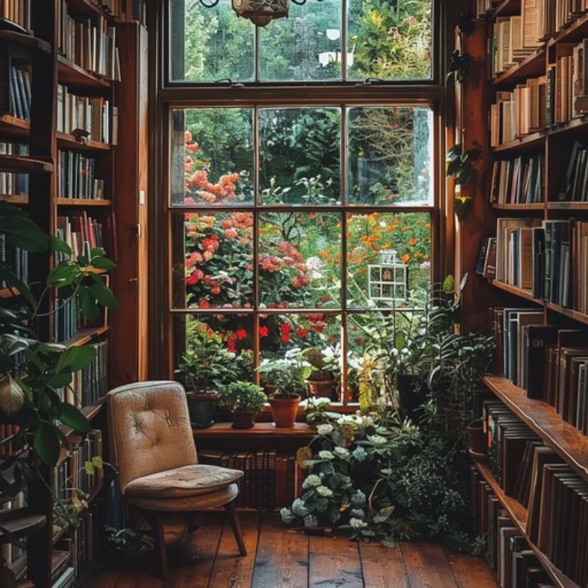 place - the quiet corner of a bookstore where not many people go, with one nice armchair and dust in the sunlight