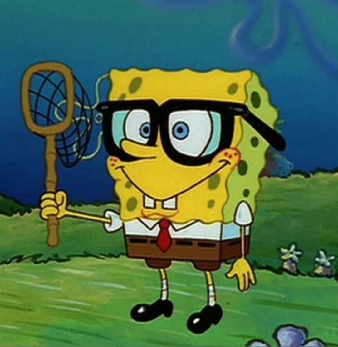 Sponge Bob - a hyperactive, optimistic, square yellow sea sponge who lives in a pineapple in the underwater city of Bikini Bottom, works as a fry cook at the Krusty Krab, and loves jellyfishing with his best friend