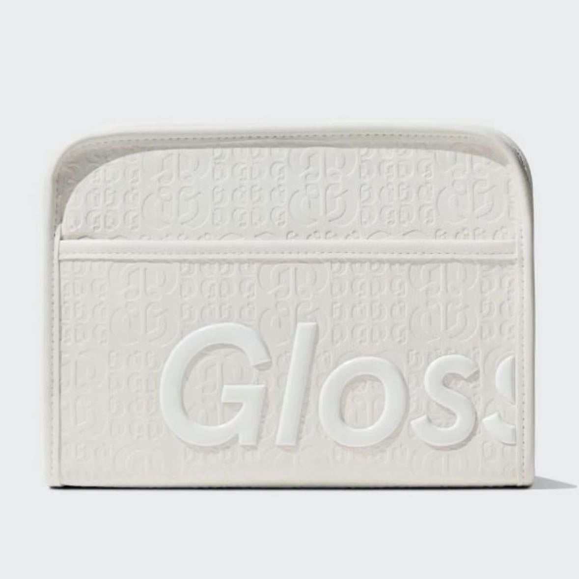 white glossier makeup bag