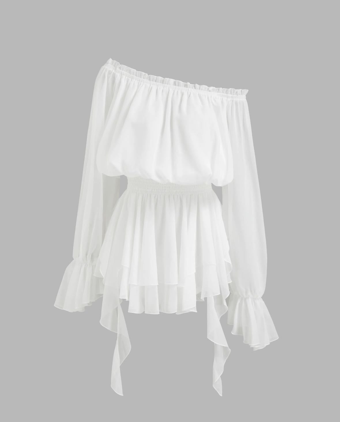 Cider - OFF-SHOULDER LANTERN SLEEVE ASYMMETRICAL RUFFLE HEM MINI DRESS