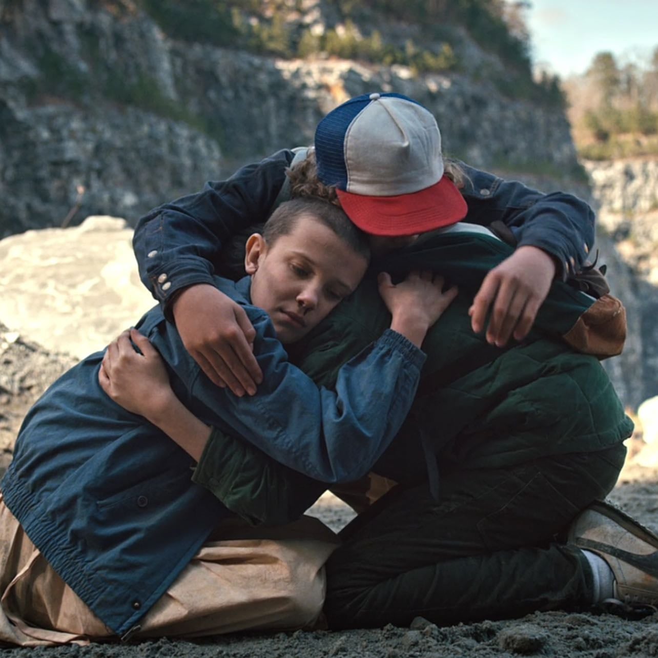 the eleven, mike, dustin hug pile. - stranger things (2016)