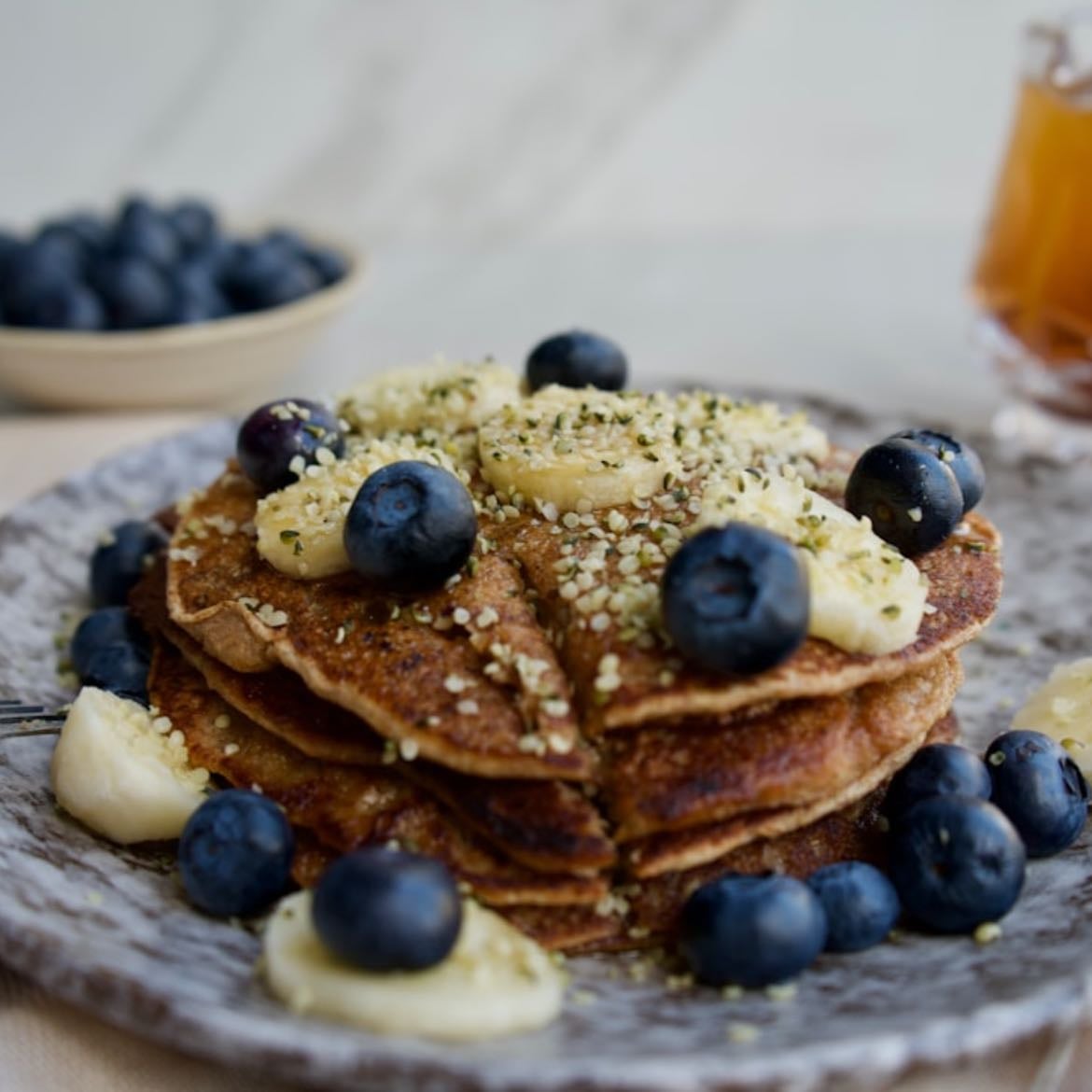 Oatmeal pancakes - 70 cals per portion, you can add your favorite toppings