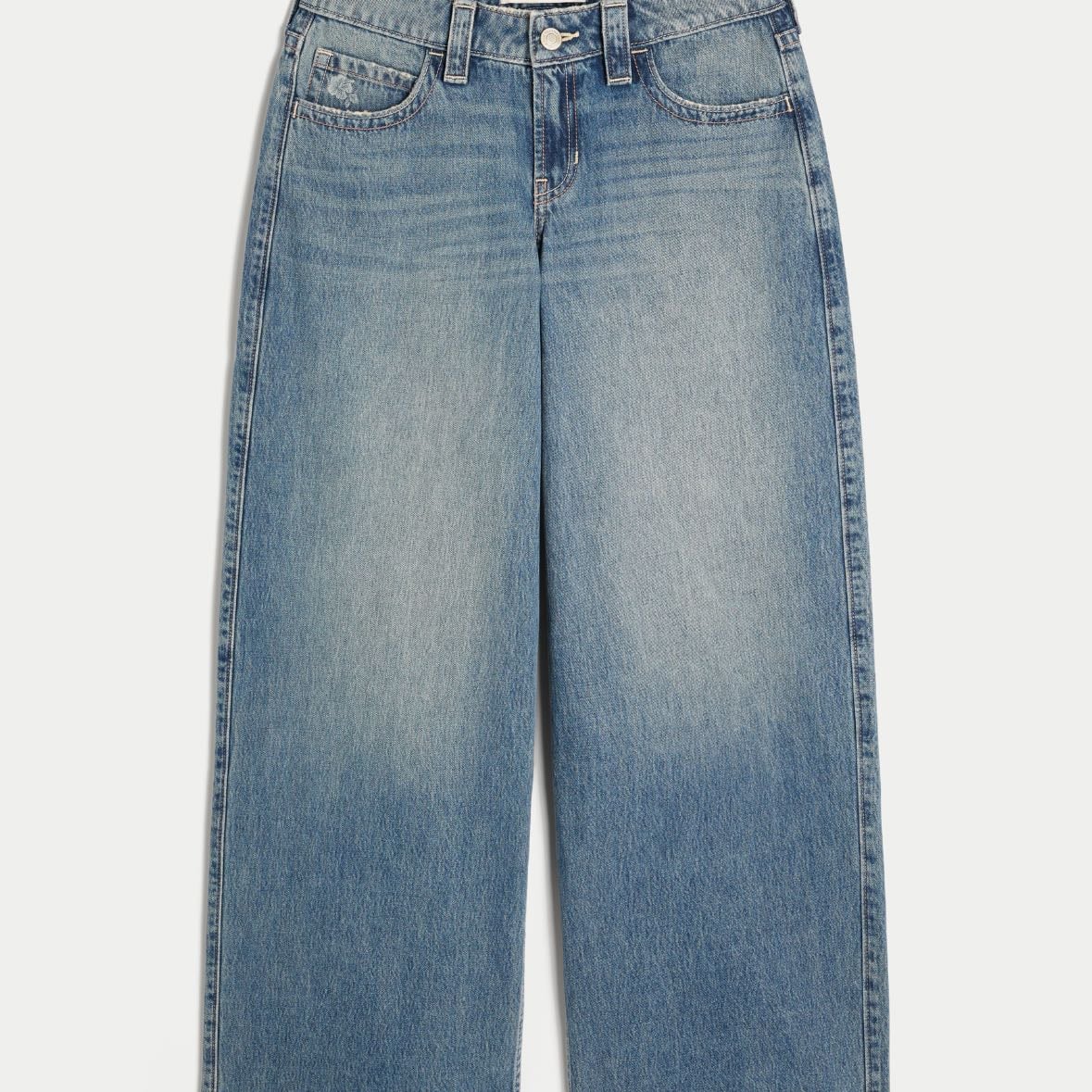 Low-rise medium wash floral print super baggy jeans