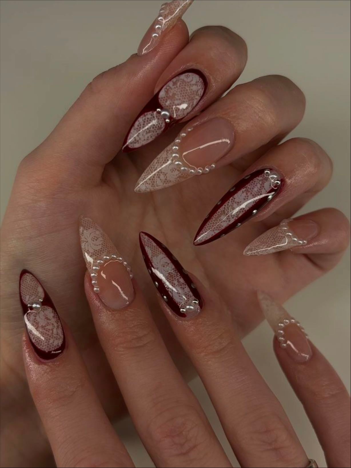 Lace,red, & pearls