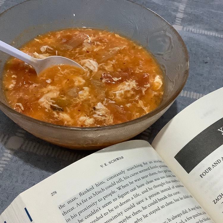 kimchi tomato egg drop soup - 2 tomatoes, kimchi, egg, broth (used chicken soup), salt, oregano grounds, soy sauce (optional: gochujang)
