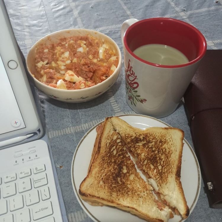 tuna salad sandwich - 2 boiled eggs, 1 can tuna, tomato, kimchi. (optional: thyme leave, oregano ground, etc)