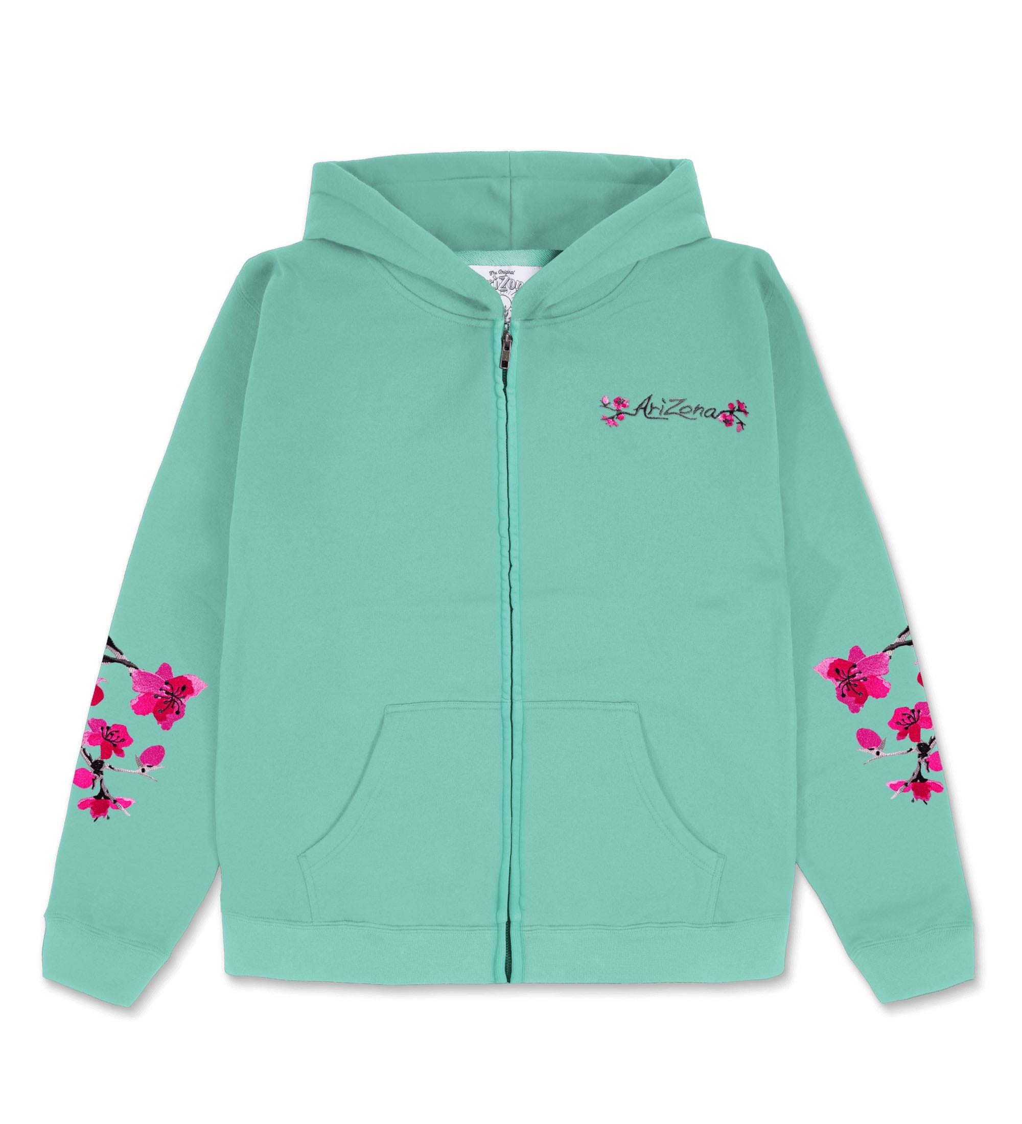 Teal Cherry Blossom-Embroidered Cotton Zip Hoodie - DrinkAriZona