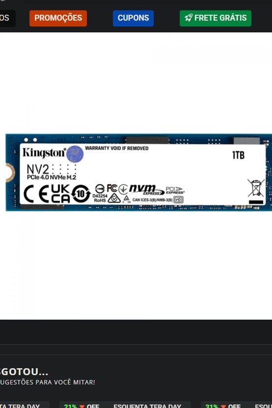 SSD - SSD Kingston NV2, 1TB, M.2 NVMe, 2280, Leitura 3500MBs e Gravação 2100MBs, SNV2S/1000G