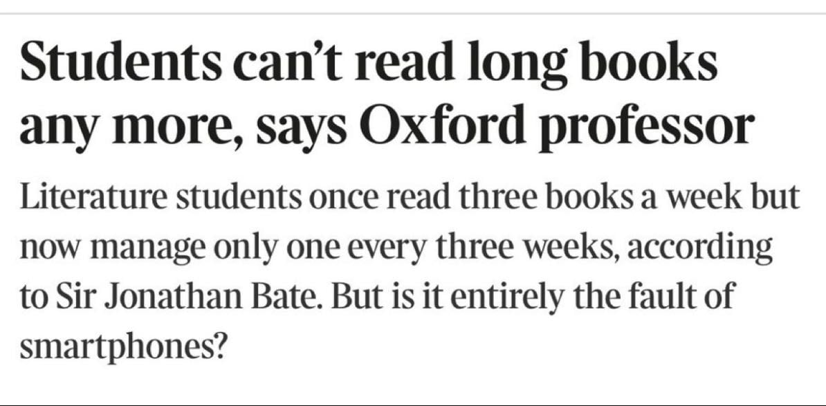 Students finding it hard to read long books - I’ve heard this a lot but no there is plenty of time to complete even 200 page book in one week, I think its because we have now considered things like scrolling on tiktok/reels to be an actual activity that needs its own time in our day